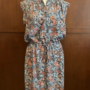 LOFT Floral Paisley Print Dress in Blue Gray Peach and Coral Medium